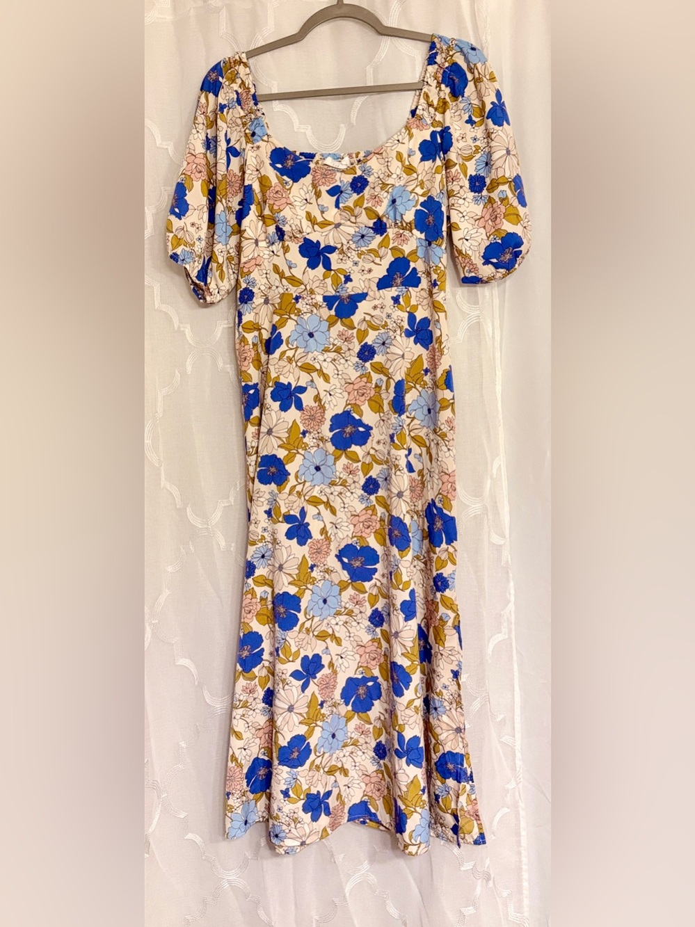 Lush Floral Maxi Dress Large Blue Cream Puff Sleeve Cottagecore